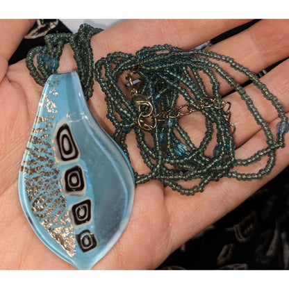 Blue Art Glass Pendant Necklace Silver Foil Multi Strand Beaded Necklace