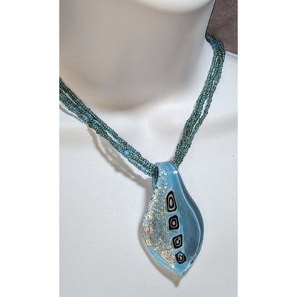 Blue Art Glass Pendant Necklace Silver Foil Multi Strand Beaded Necklace
