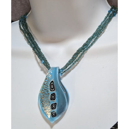 Blue Art Glass Pendant Necklace Silver Foil Multi Strand Beaded Necklace