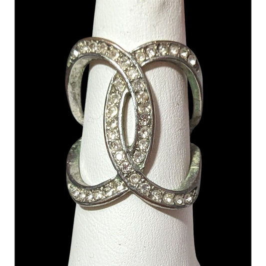 Elegant Glam Silver Tone Rhinestone Crossover Ring Size 6 1/2