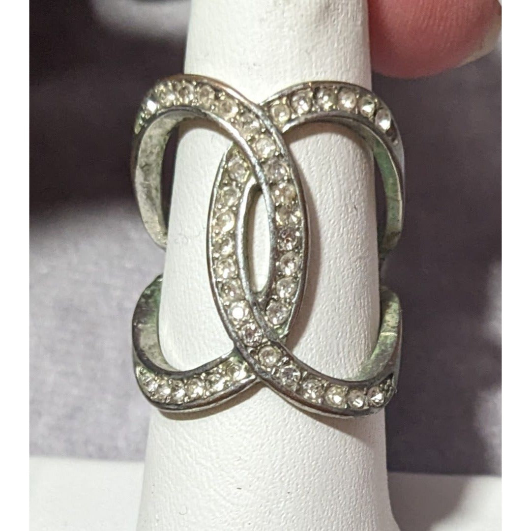 Elegant Glam Silver Tone Rhinestone Crossover Ring Size 6 1/2