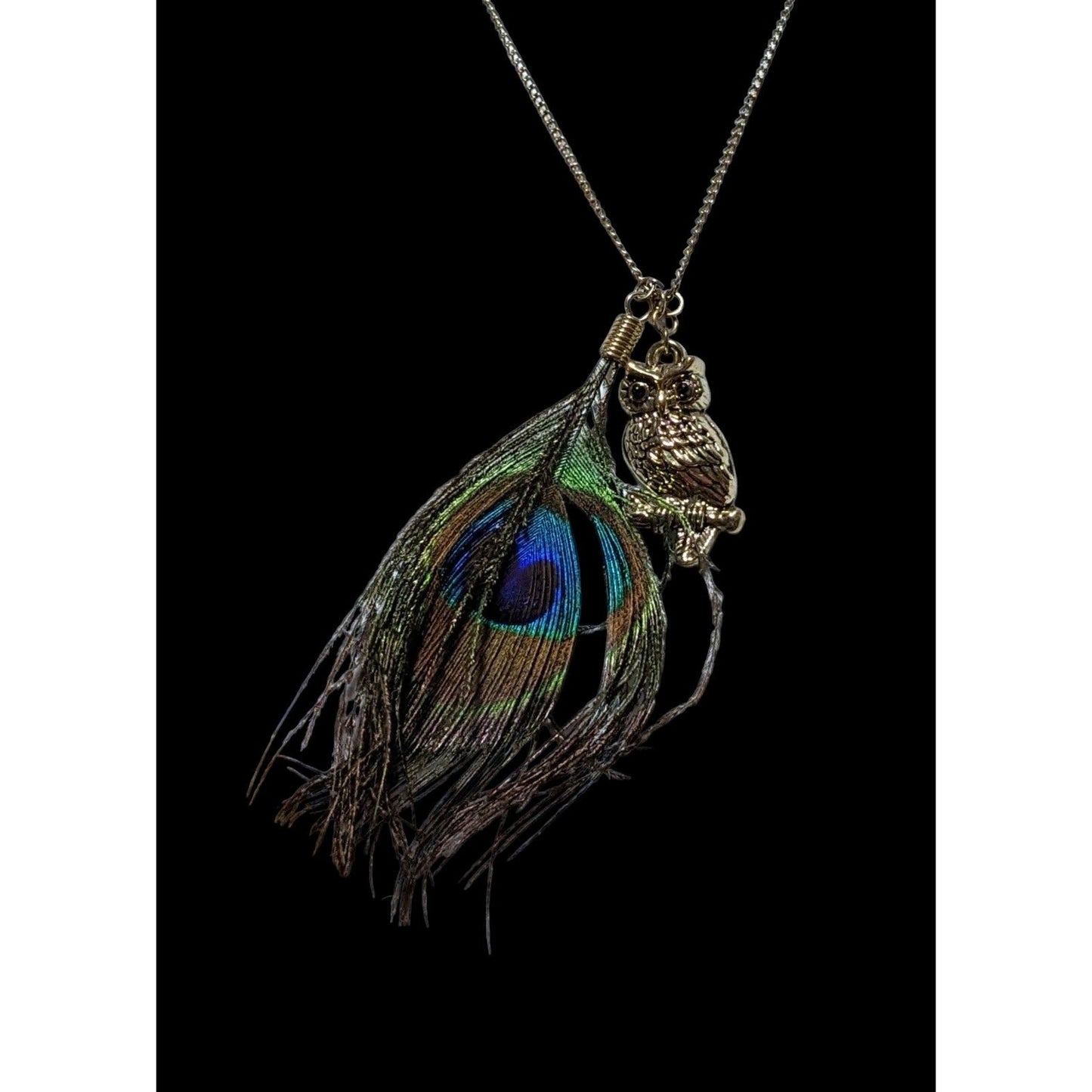 Peacock Feather Owl Charm Necklace