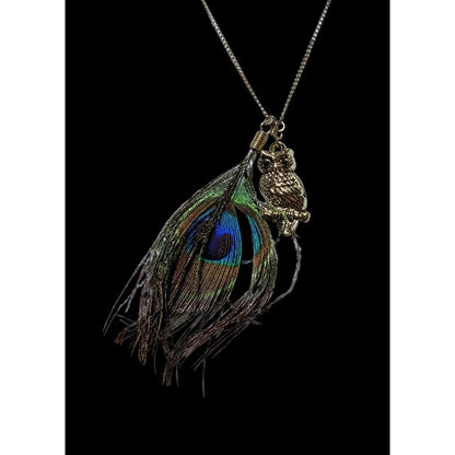 Peacock Feather Owl Charm Necklace