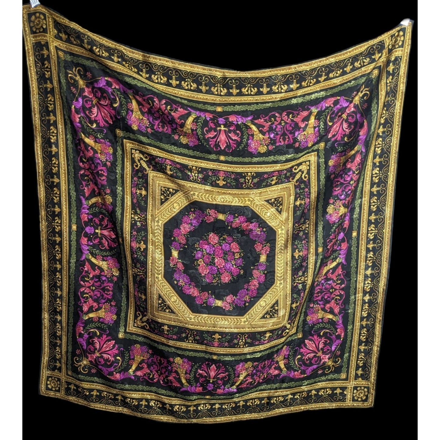 Vintage Floral Embossed Scarf 34"x34" Ornate Black Gold Pink Purple Square Wrap