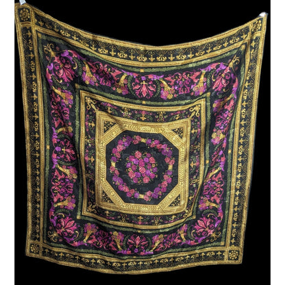 Vintage Floral Embossed Scarf 34"x34" Ornate Black Gold Pink Purple Square Wrap