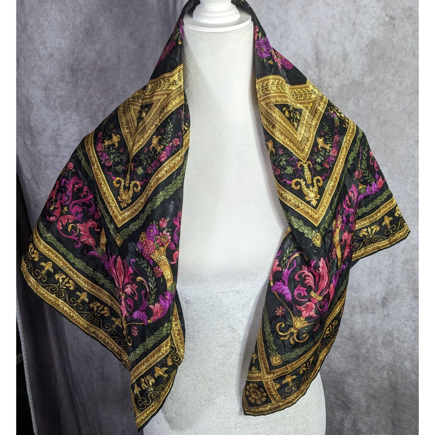 Vintage Floral Embossed Scarf 34"x34" Ornate Black Gold Pink Purple Square Wrap