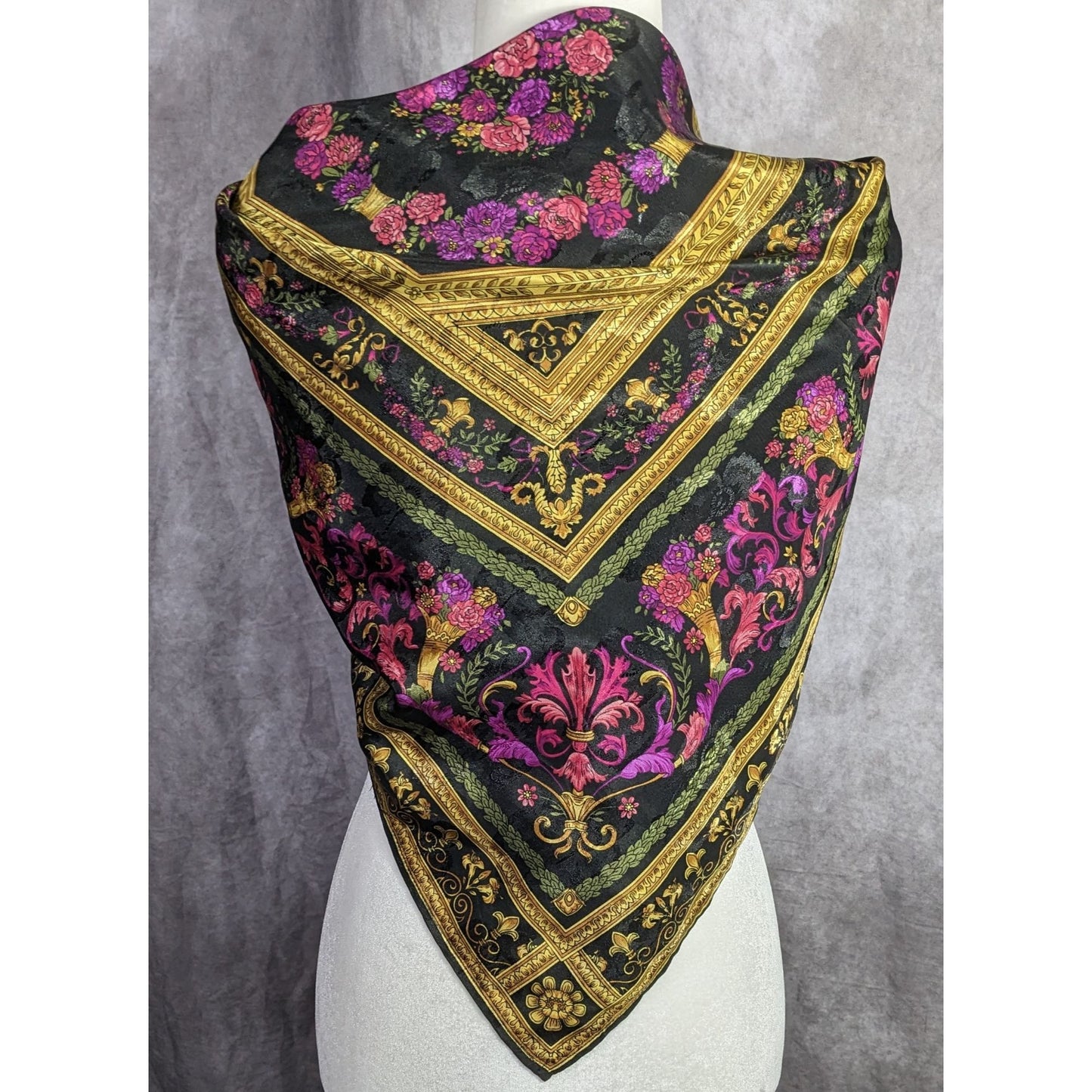 Vintage Floral Embossed Scarf 34"x34" Ornate Black Gold Pink Purple Square Wrap
