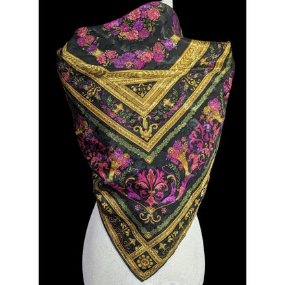 Vintage Floral Embossed Scarf 34"x34" Ornate Black Gold Pink Purple Square Wrap