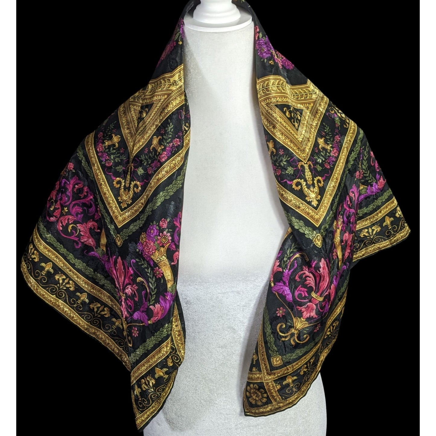 Vintage Floral Embossed Scarf 34"x34" Ornate Black Gold Pink Purple Square Wrap