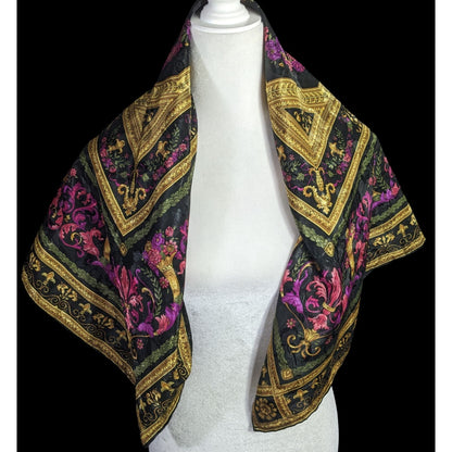 Vintage Floral Embossed Scarf 34"x34" Ornate Black Gold Pink Purple Square Wrap