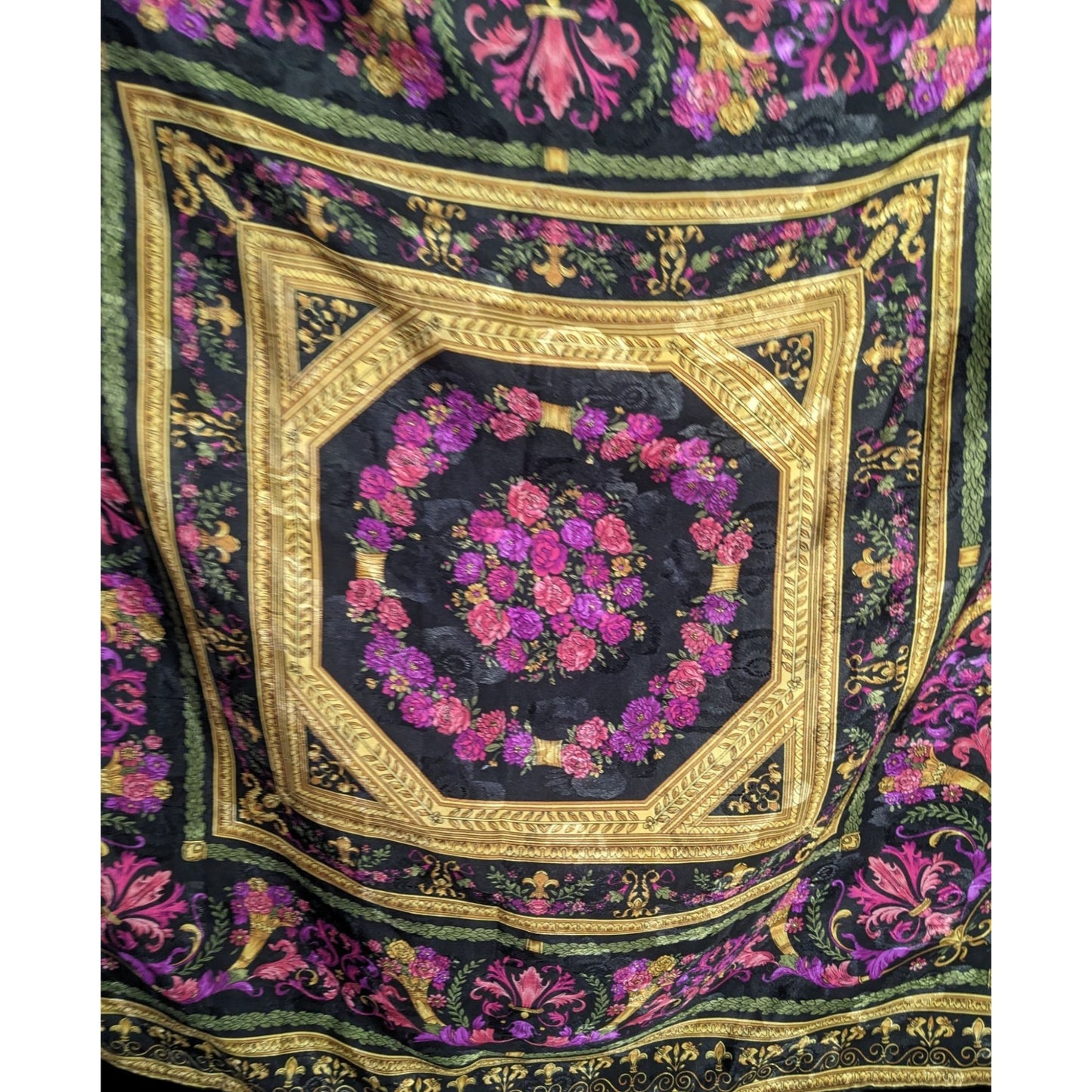 Vintage Floral Embossed Scarf 34"x34" Ornate Black Gold Pink Purple Square Wrap
