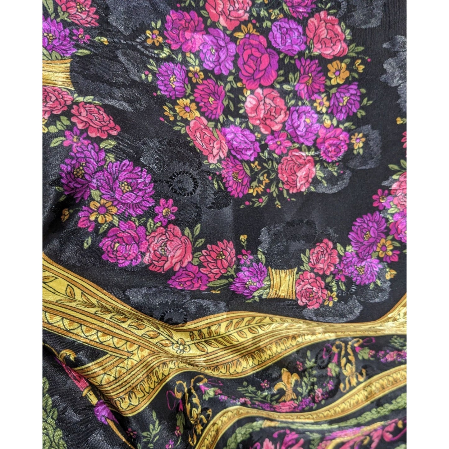 Vintage Floral Embossed Scarf 34"x34" Ornate Black Gold Pink Purple Square Wrap