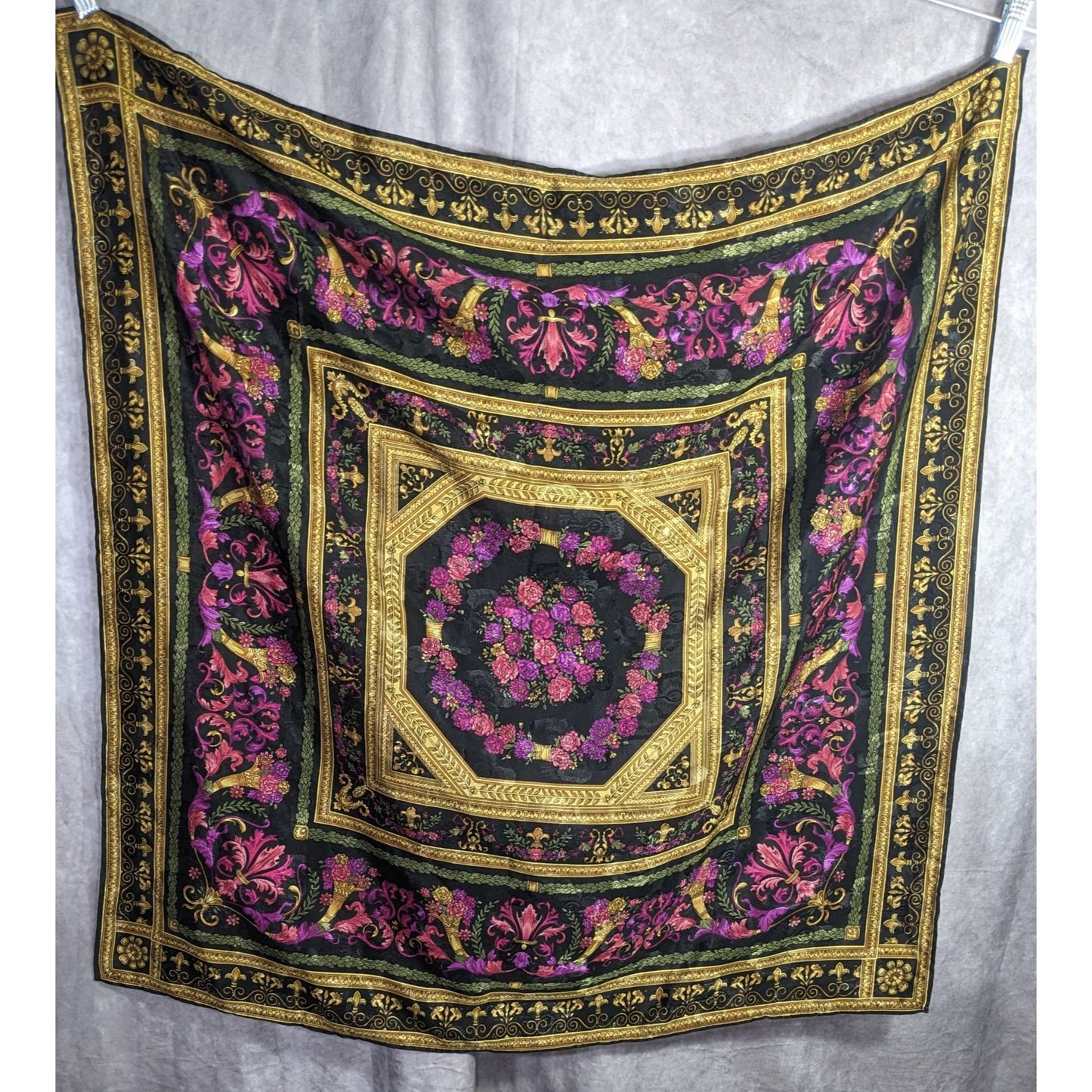 Vintage Floral Embossed Scarf 34"x34" Ornate Black Gold Pink Purple Square Wrap