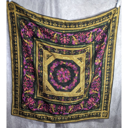 Vintage Floral Embossed Scarf 34"x34" Ornate Black Gold Pink Purple Square Wrap