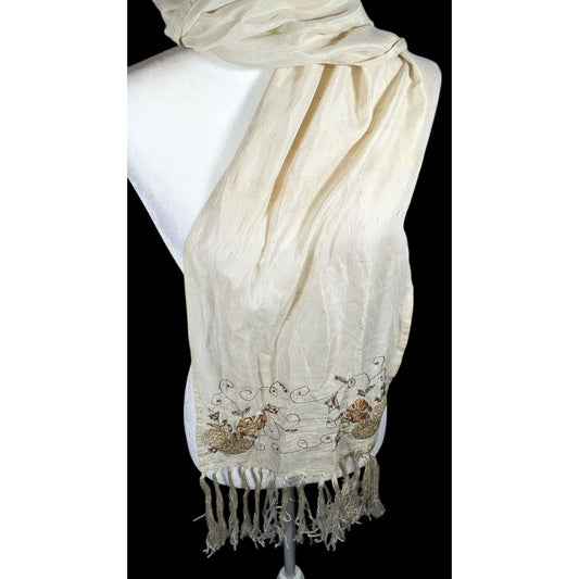 Vintage Cottagecore Hand Embroidered Beige Floral Scarf