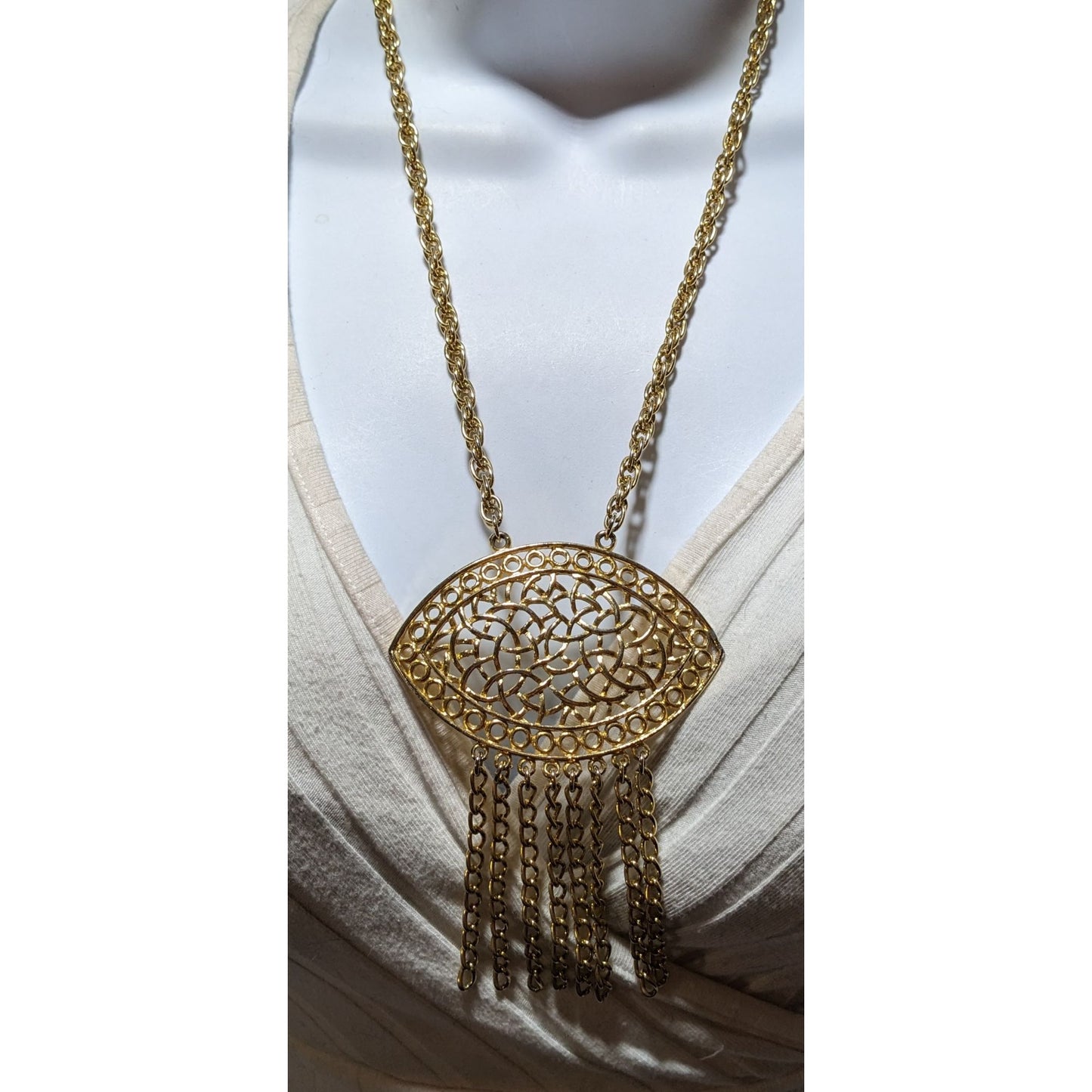 Gold Fringe Open Floral Medallion Necklace