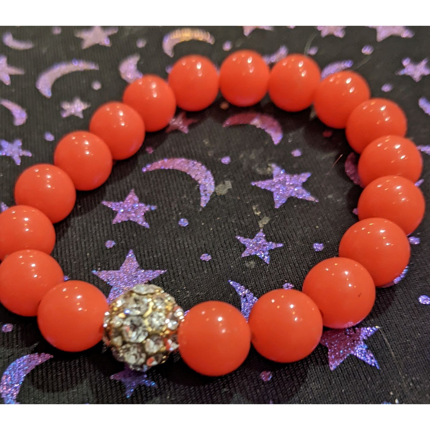 Neon Coral Rhinestone Beaded Stretch Bracelet