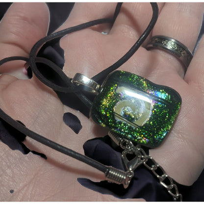 Green Dichroic Glass Swirl Necklace