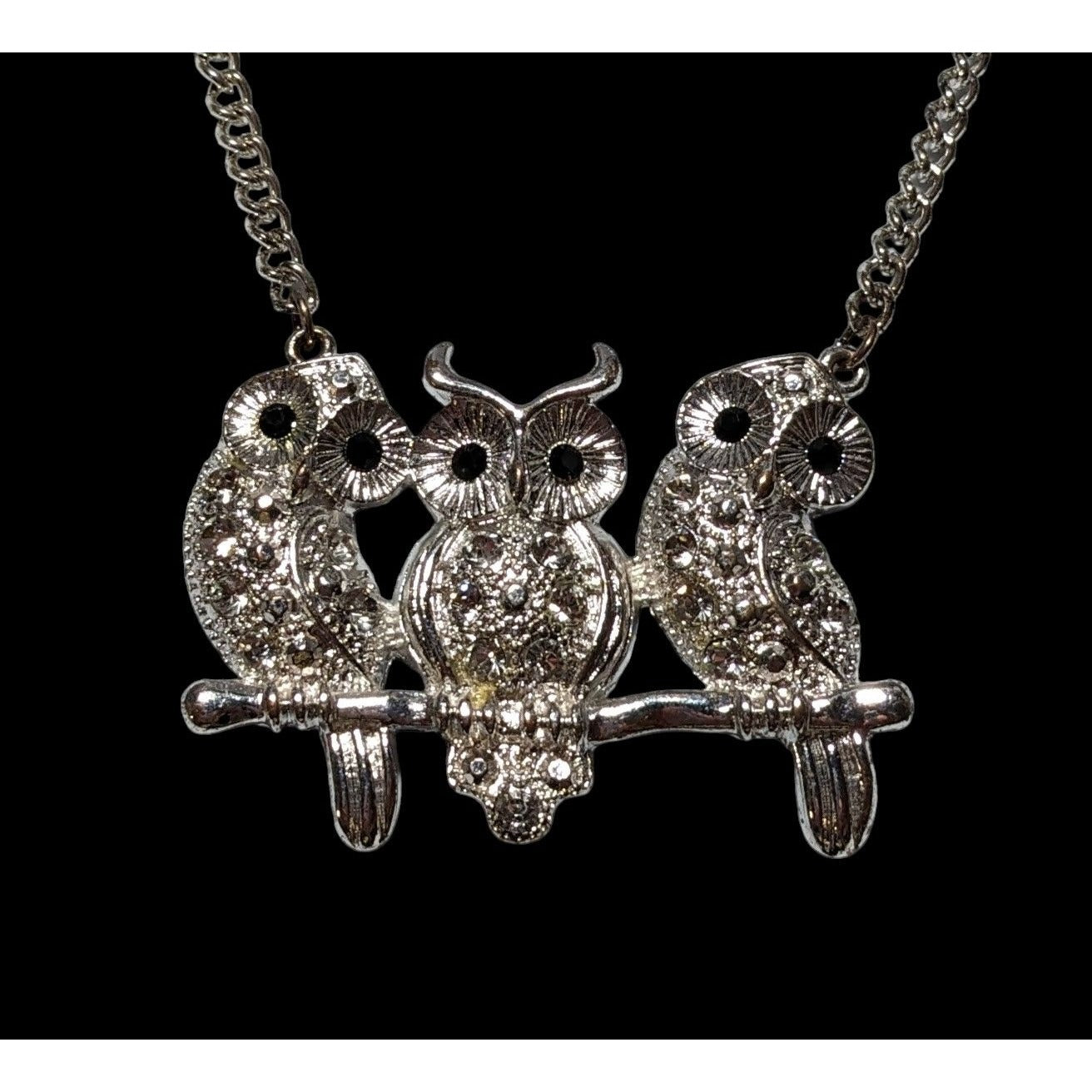 Vintage Triple Rhinestone Owl Necklace