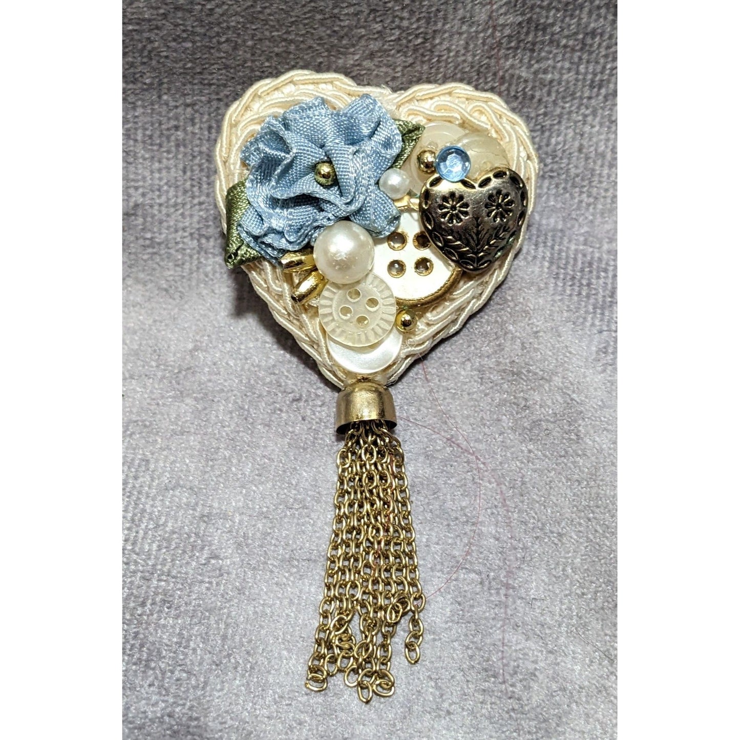 Vintage Handmade Heart Button Tassel Brooch