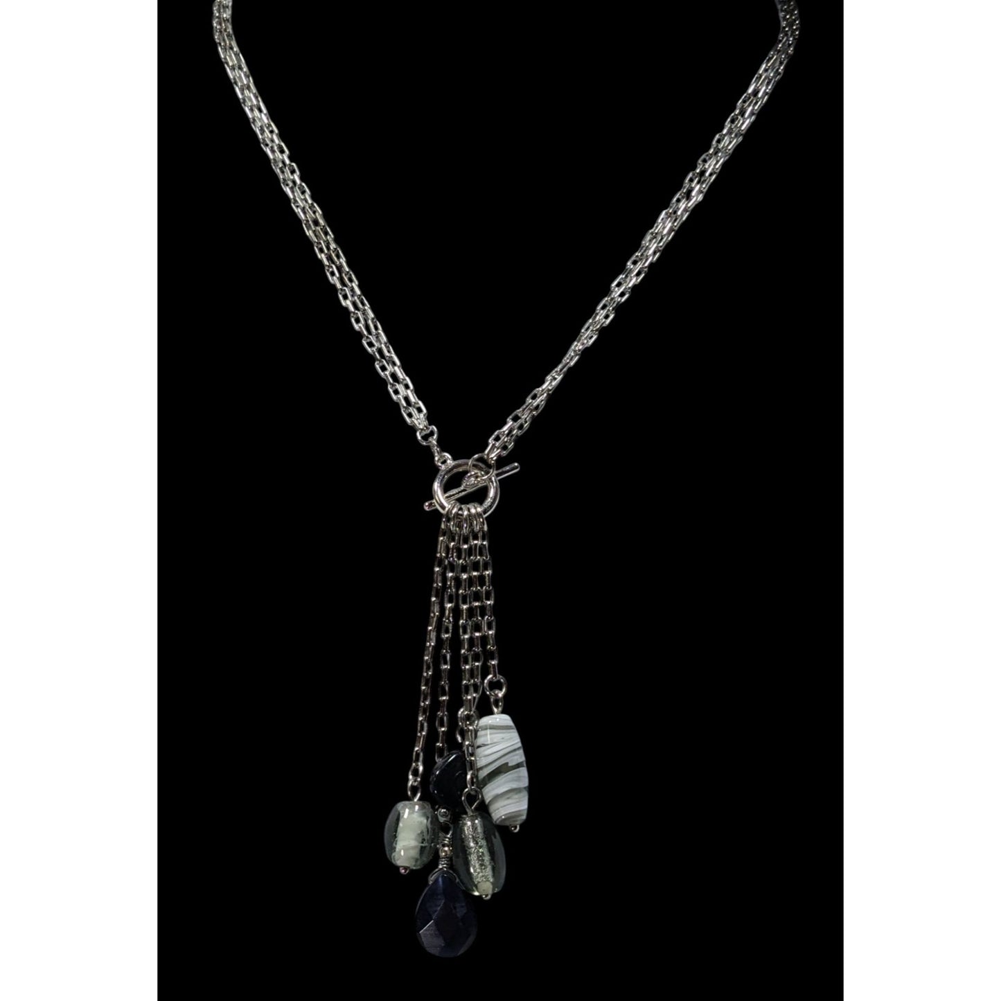 Handmade Abstract Silver Multi-Strand Necklace With Dangling Glass Charms