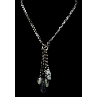 Handmade Abstract Silver Multi-Strand Necklace With Dangling Glass Charms