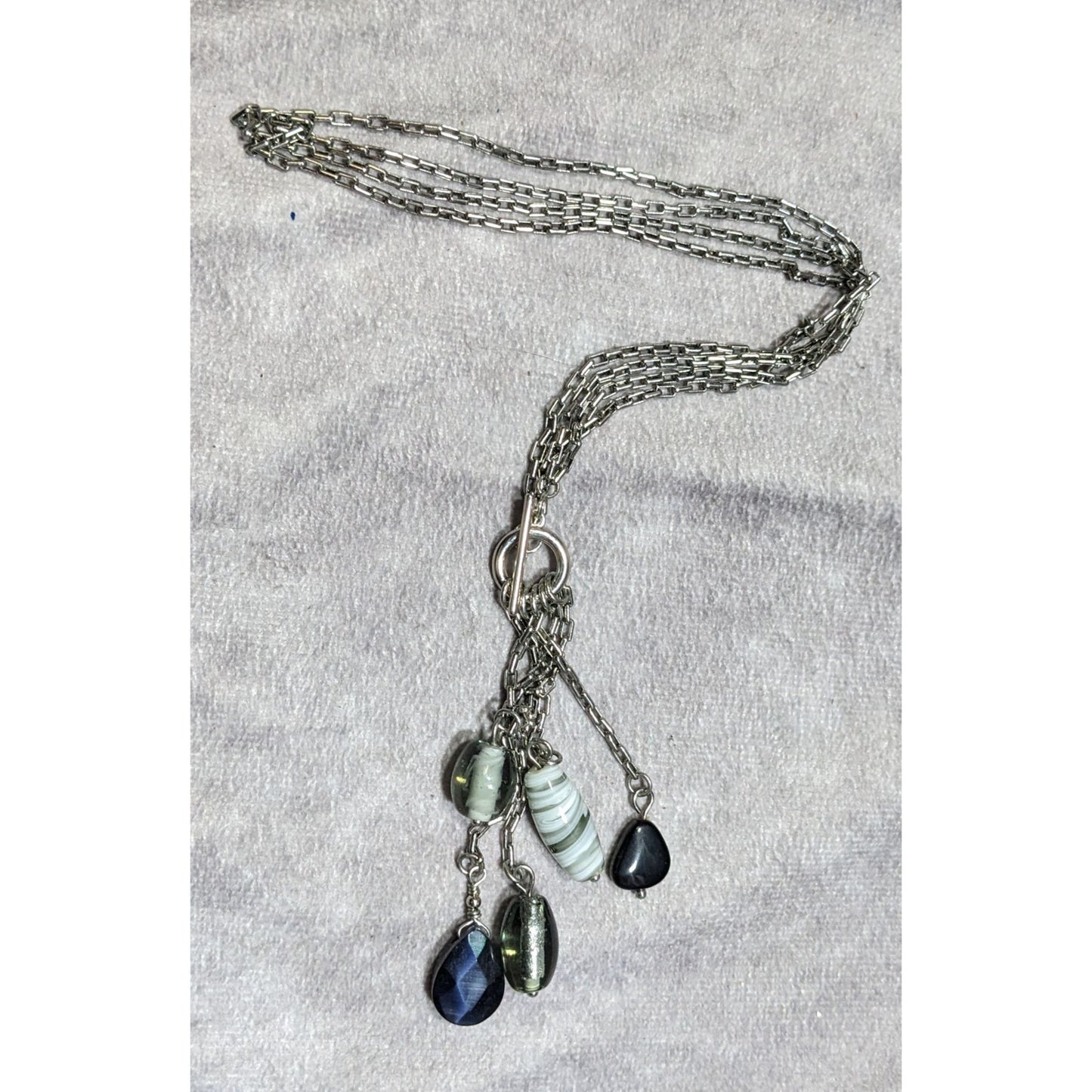 Handmade Abstract Silver Multi-Strand Necklace With Dangling Glass Charms