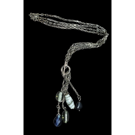 Handmade Abstract Silver Multi-Strand Necklace With Dangling Glass Charms