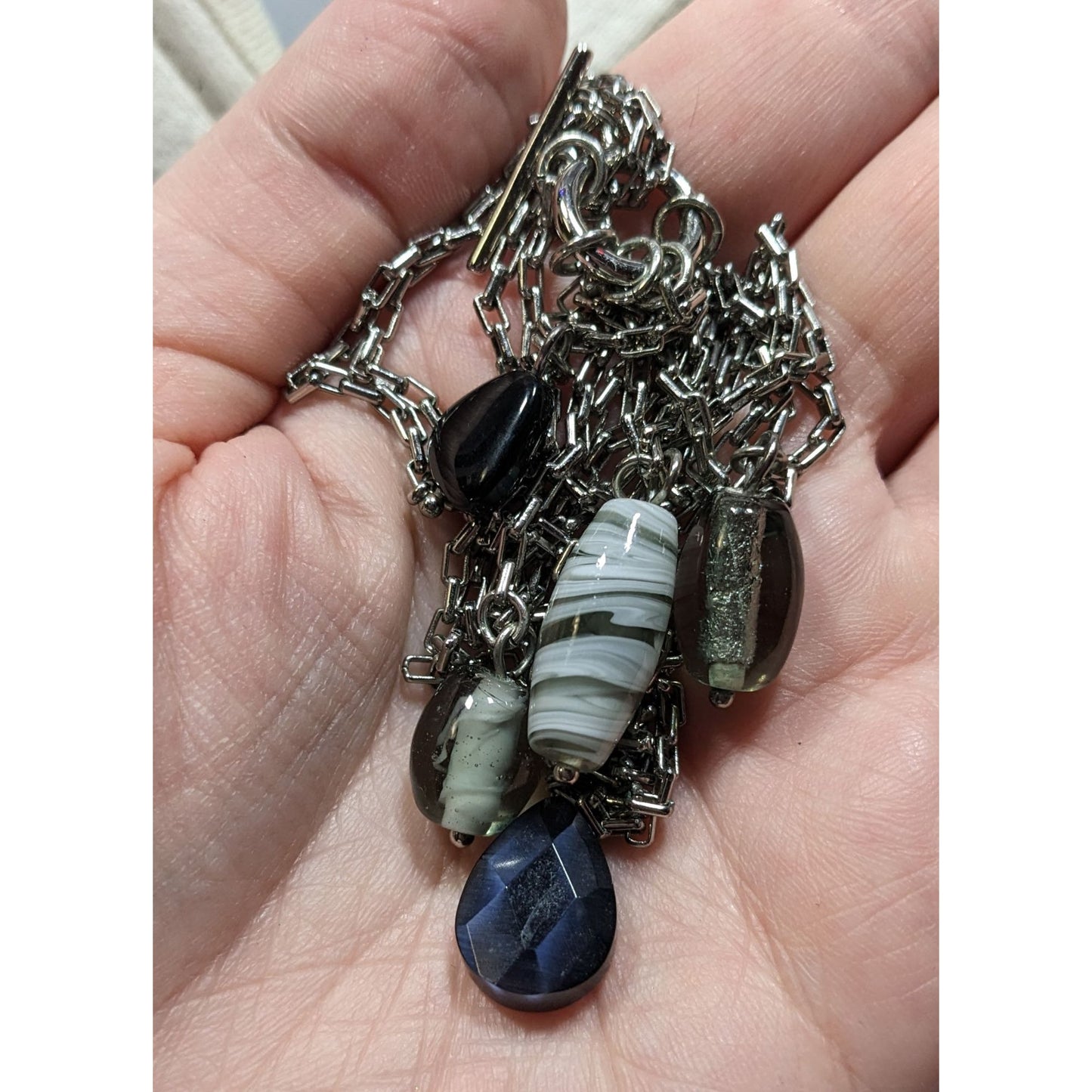 Handmade Abstract Silver Multi-Strand Necklace With Dangling Glass Charms