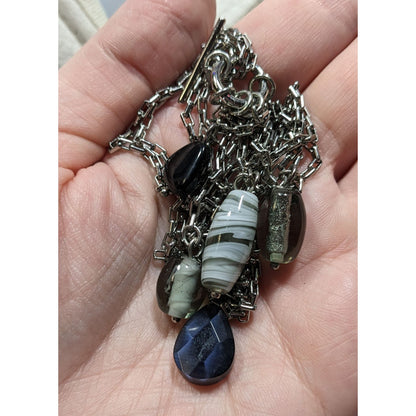 Handmade Abstract Silver Multi-Strand Necklace With Dangling Glass Charms
