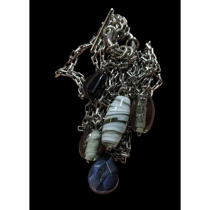 Handmade Abstract Silver Multi-Strand Necklace With Dangling Glass Charms