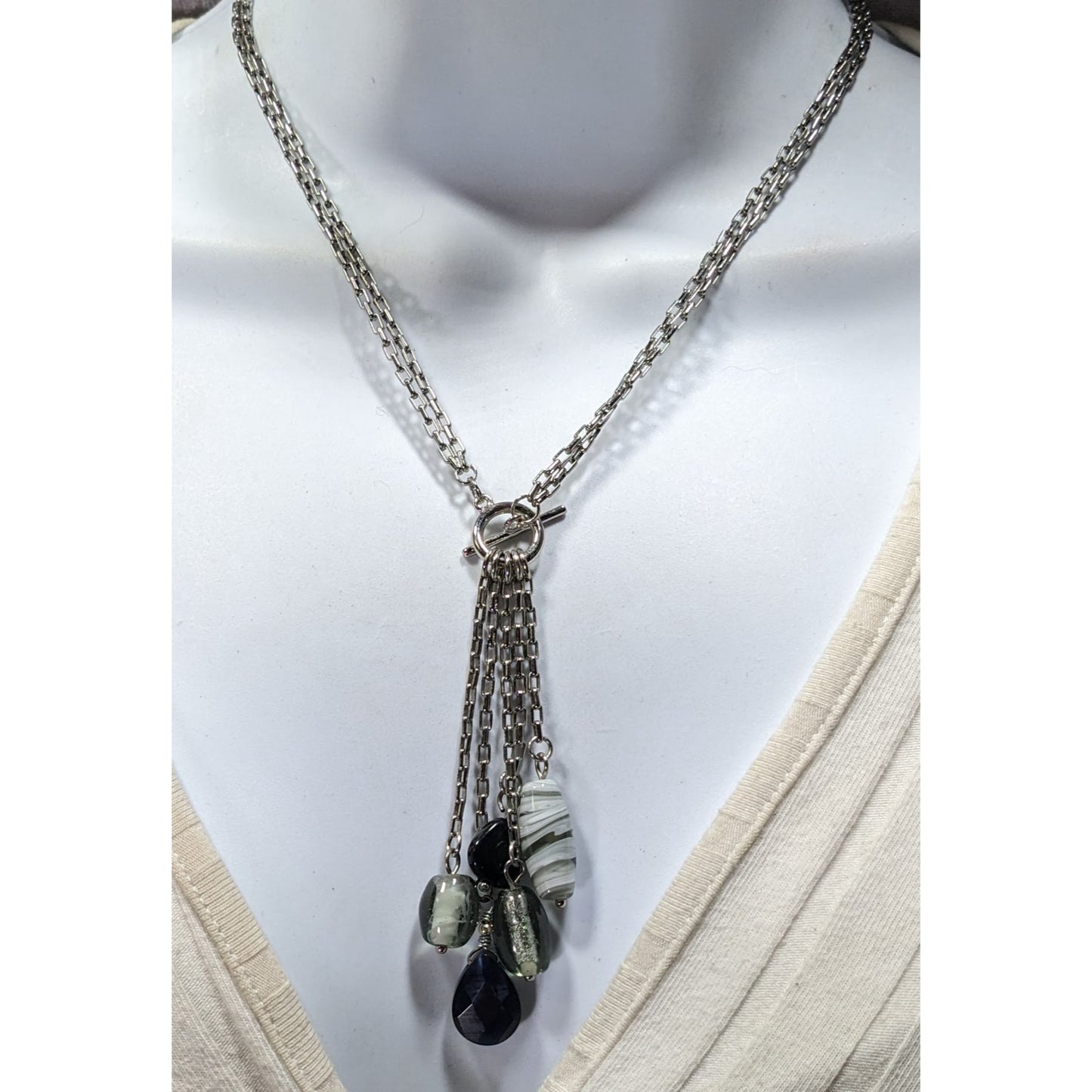 Handmade Abstract Silver Multi-Strand Necklace With Dangling Glass Charms