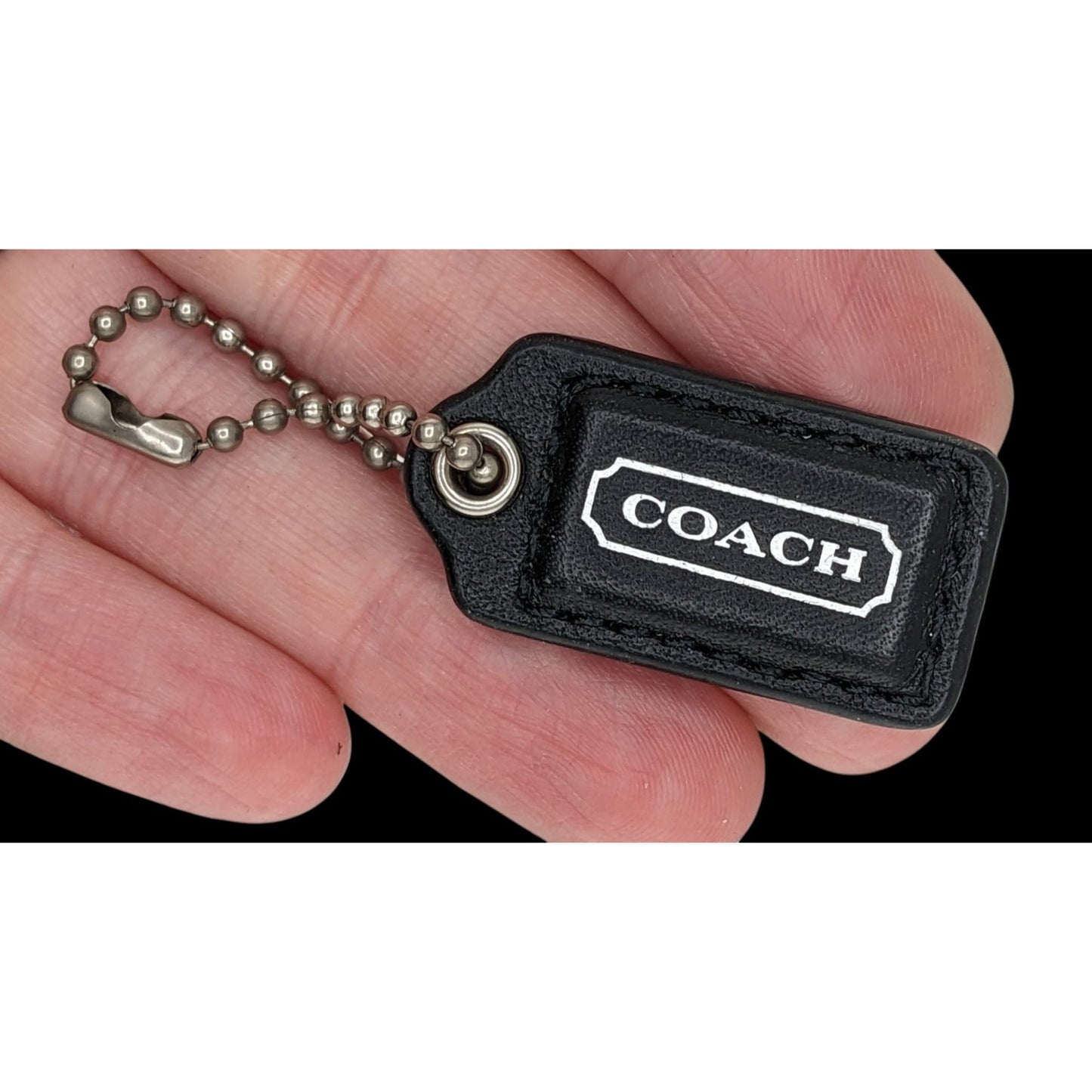 Coach Black Leather Bag Charm Keychain With Silver Lettering