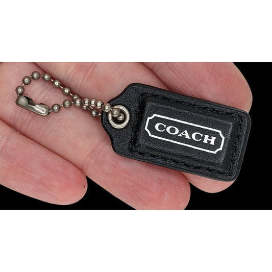 Coach Black Leather Bag Charm Keychain With Silver Lettering