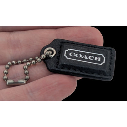 Coach Black Leather Bag Charm Keychain With Silver Lettering