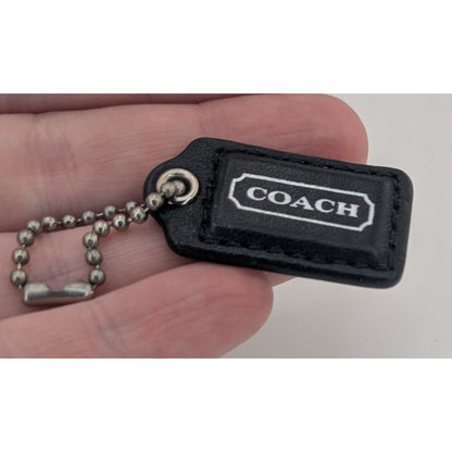 Coach Black Leather Bag Charm Keychain With Silver Lettering