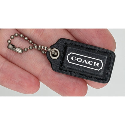 Coach Black Leather Bag Charm Keychain With Silver Lettering