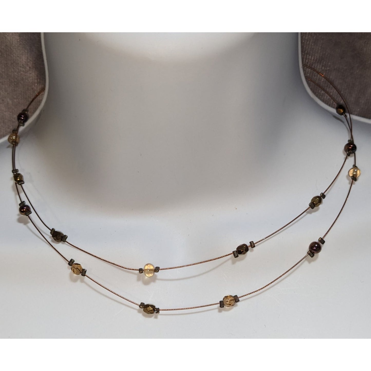Minimalist Floating Bead Necklace Brown Gold Glass Double Strand Layered Y2K Boho