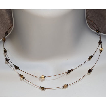 Minimalist Floating Bead Necklace Brown Gold Glass Double Strand Layered Y2K Boho