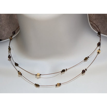 Minimalist Floating Bead Necklace Brown Gold Glass Double Strand Layered Y2K Boho