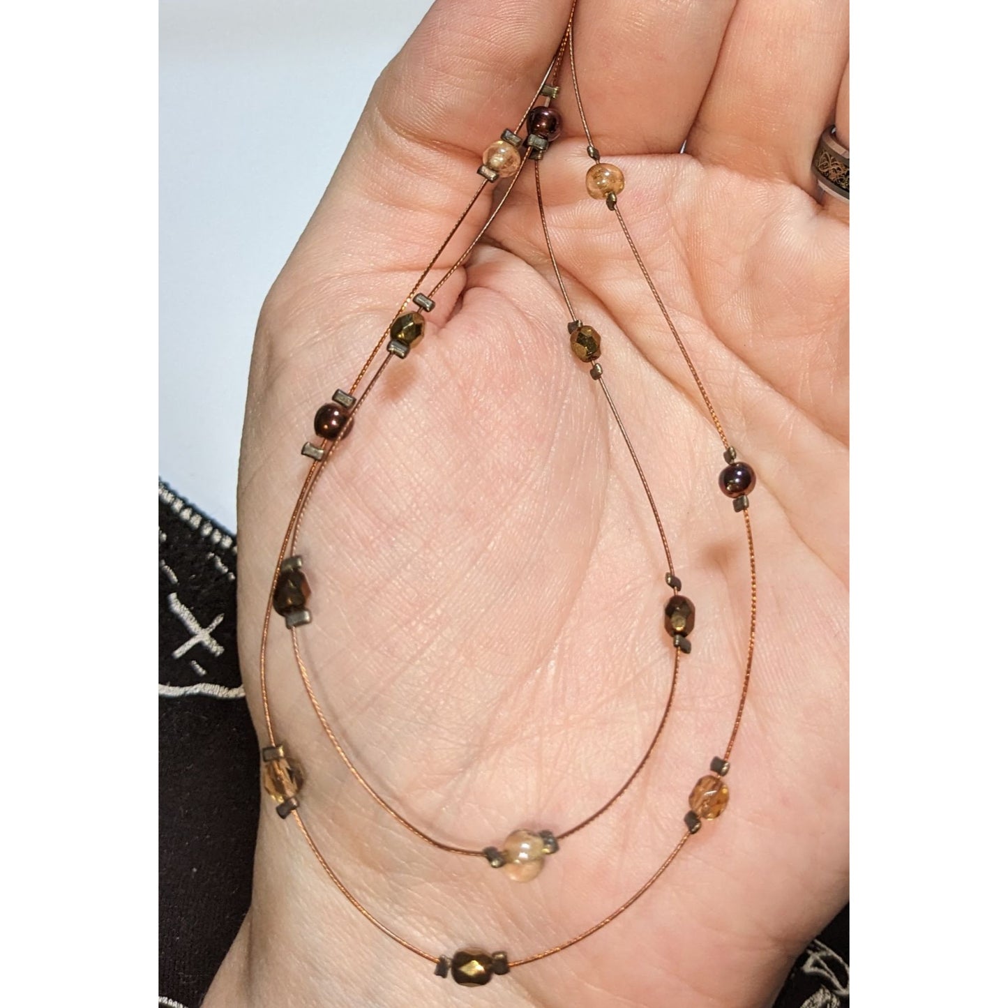 Minimalist Floating Bead Necklace Brown Gold Glass Double Strand Layered Y2K Boho