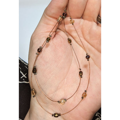 Minimalist Floating Bead Necklace Brown Gold Glass Double Strand Layered Y2K Boho