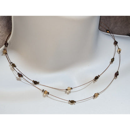 Minimalist Floating Bead Necklace Brown Gold Glass Double Strand Layered Y2K Boho