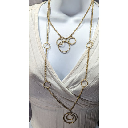 Layered Geometric Ring And Chain Gold Tone Necklace