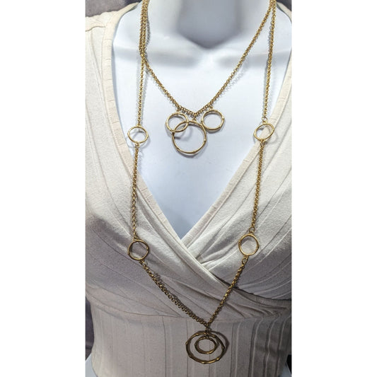 Layered Geometric Ring And Chain Gold Tone Necklace