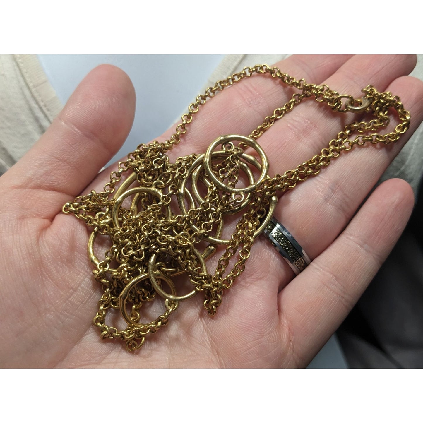 Layered Geometric Ring And Chain Gold Tone Necklace