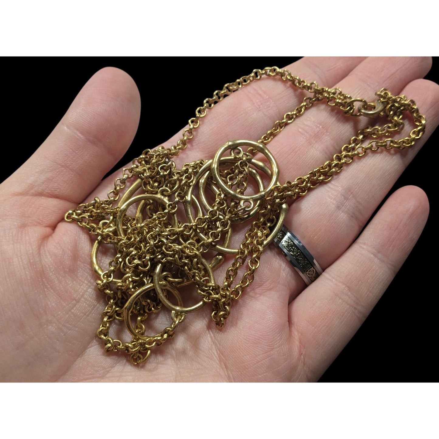 Layered Geometric Ring And Chain Gold Tone Necklace