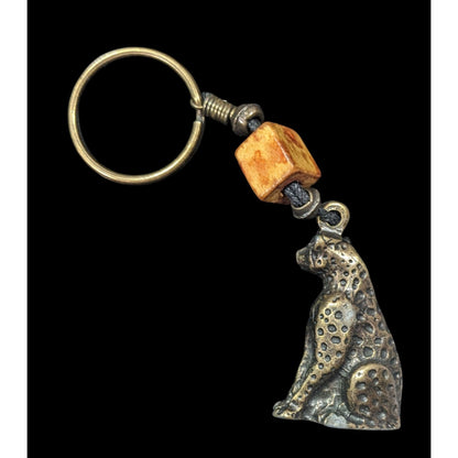Vintage Bronze Leopard Keychain With Bead Accent
