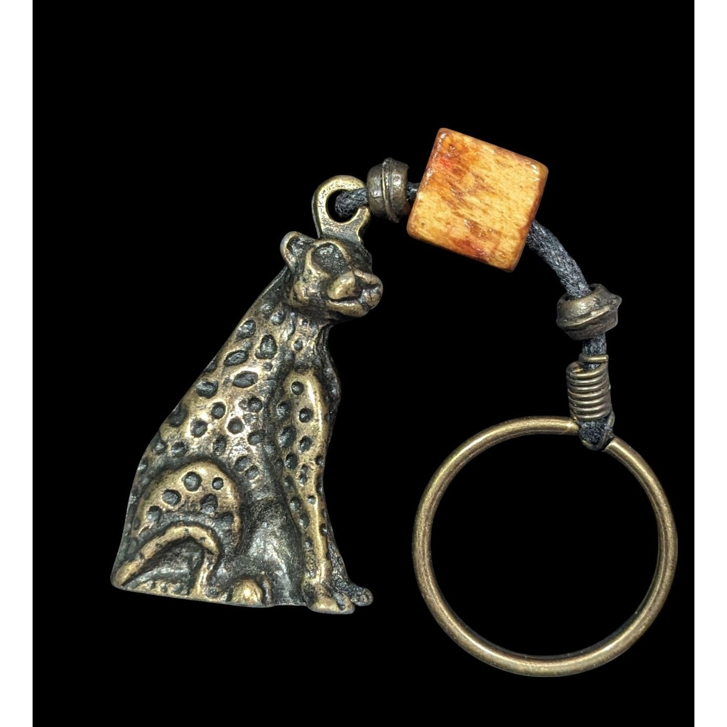 Vintage Bronze Leopard Keychain With Bead Accent