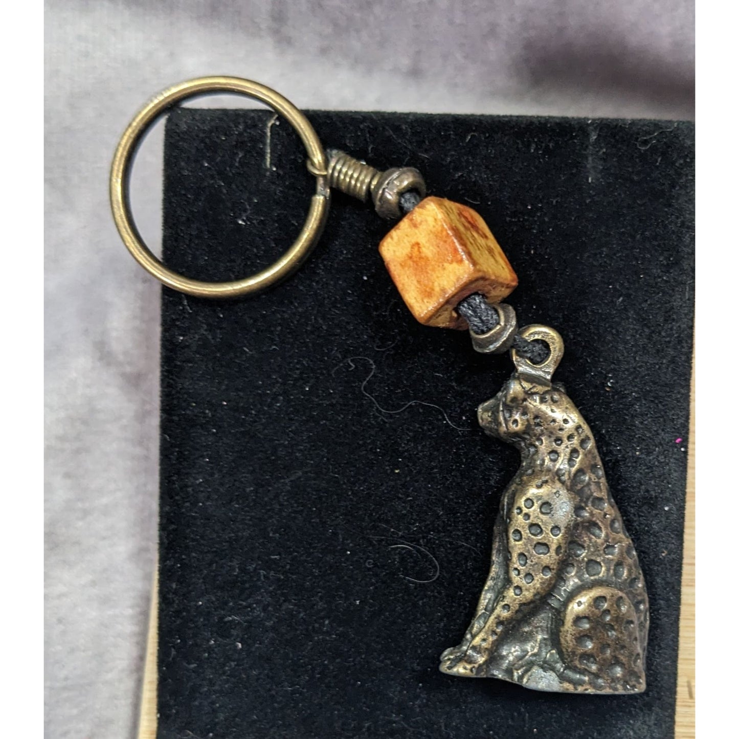 Vintage Bronze Leopard Keychain With Bead Accent